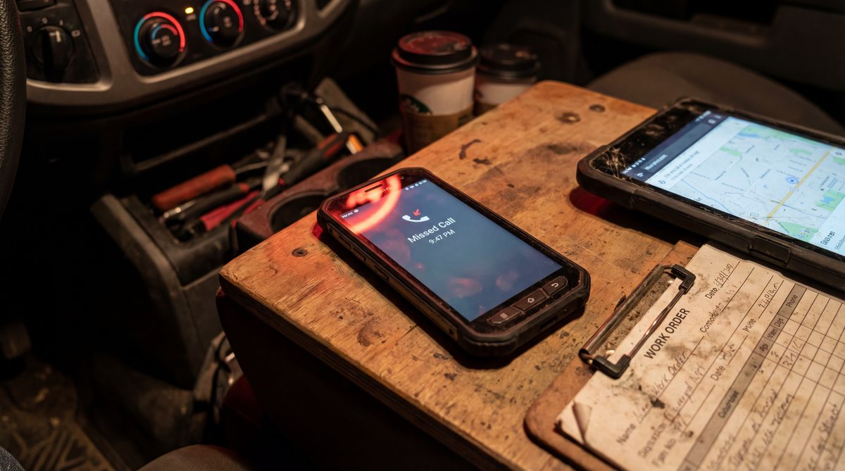 Smartphone showing a missed after-hours call from a homeowner inside a service truck cab