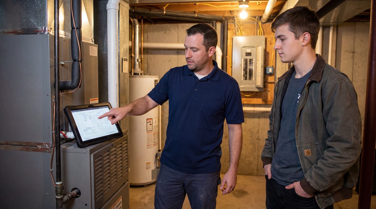 Senior HVAC technician training a young apprentice next to a furnace in a homeowner's basement