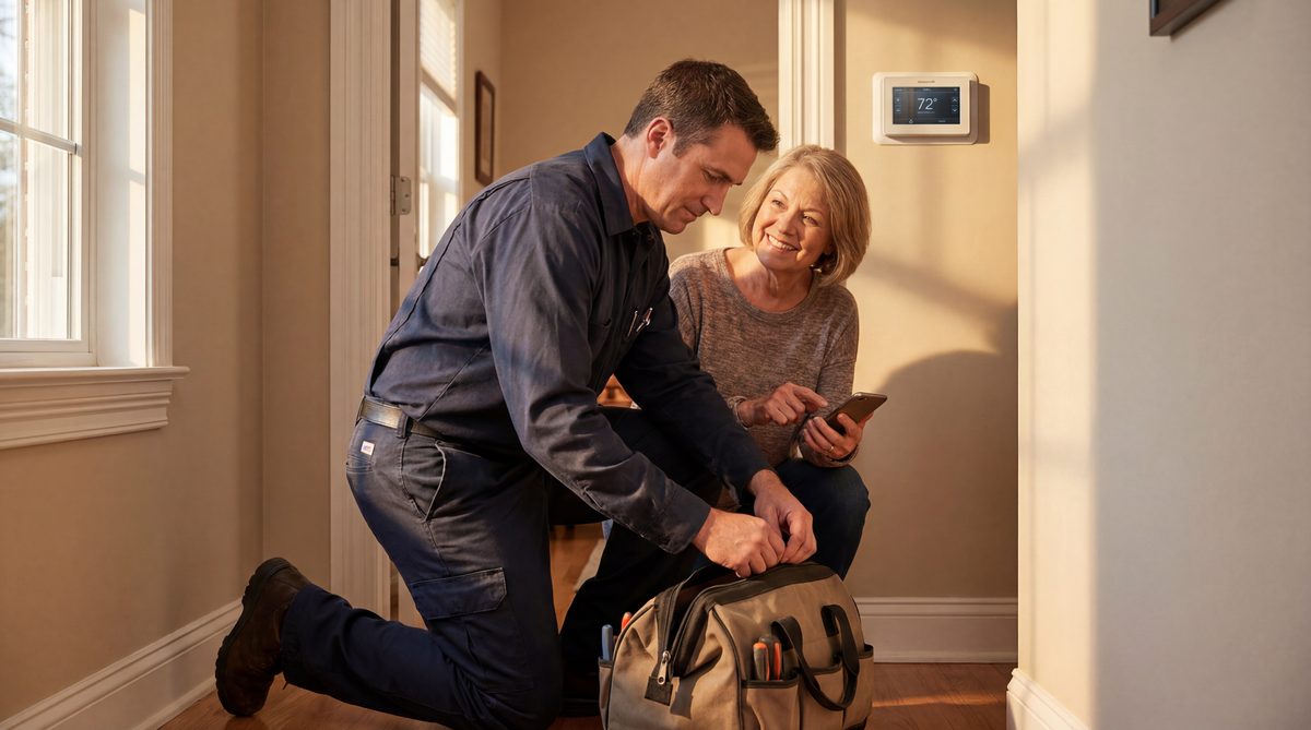 HVAC technician finishing a service call with a satisfied homeowner nearby holding her phone
