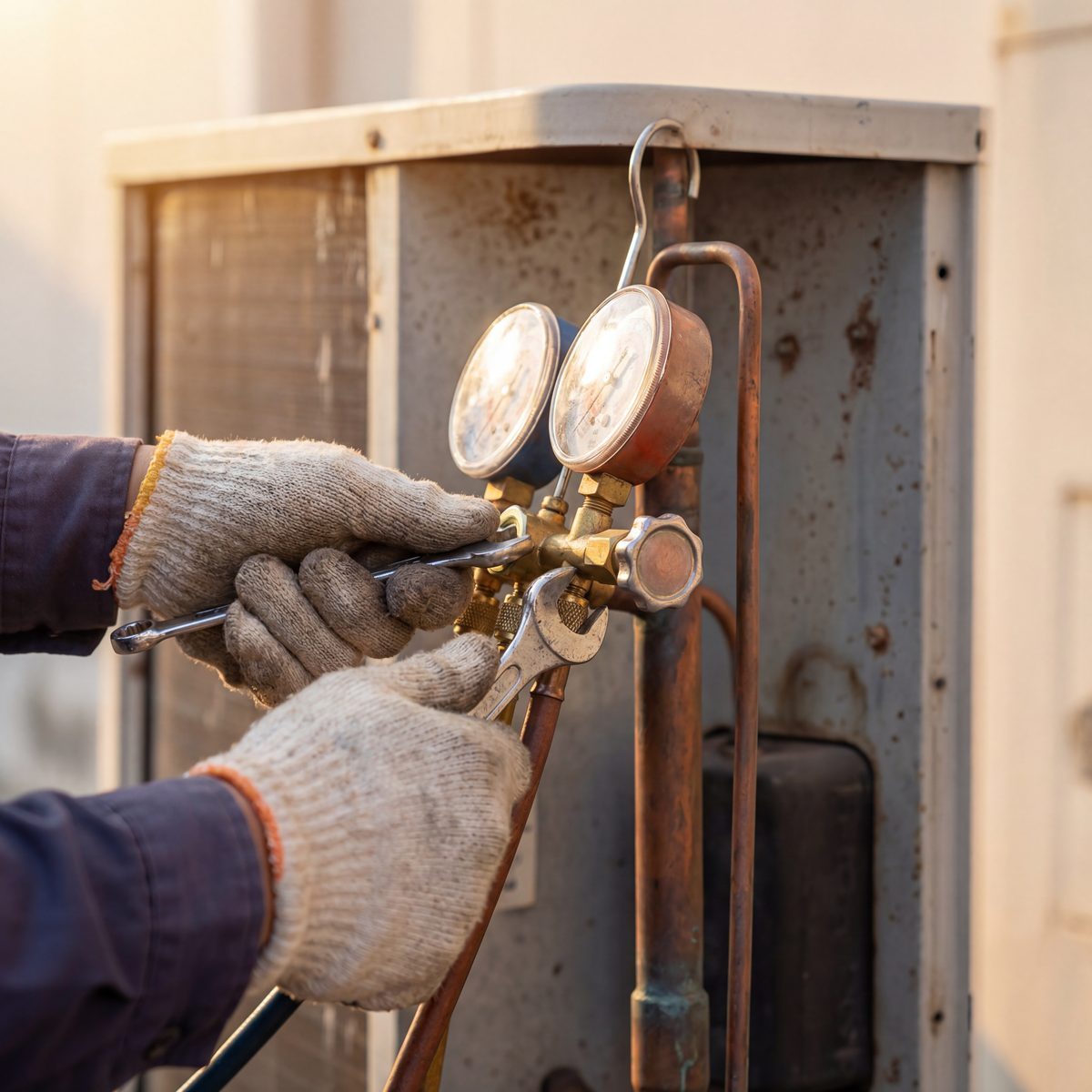 HVAC technician working on refrigerant lines