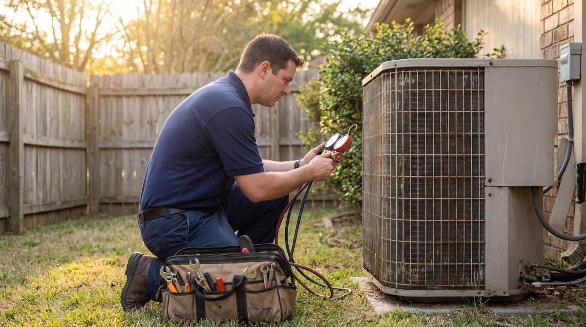 HVAC technician checking refrigerant gauges on residential AC unit
