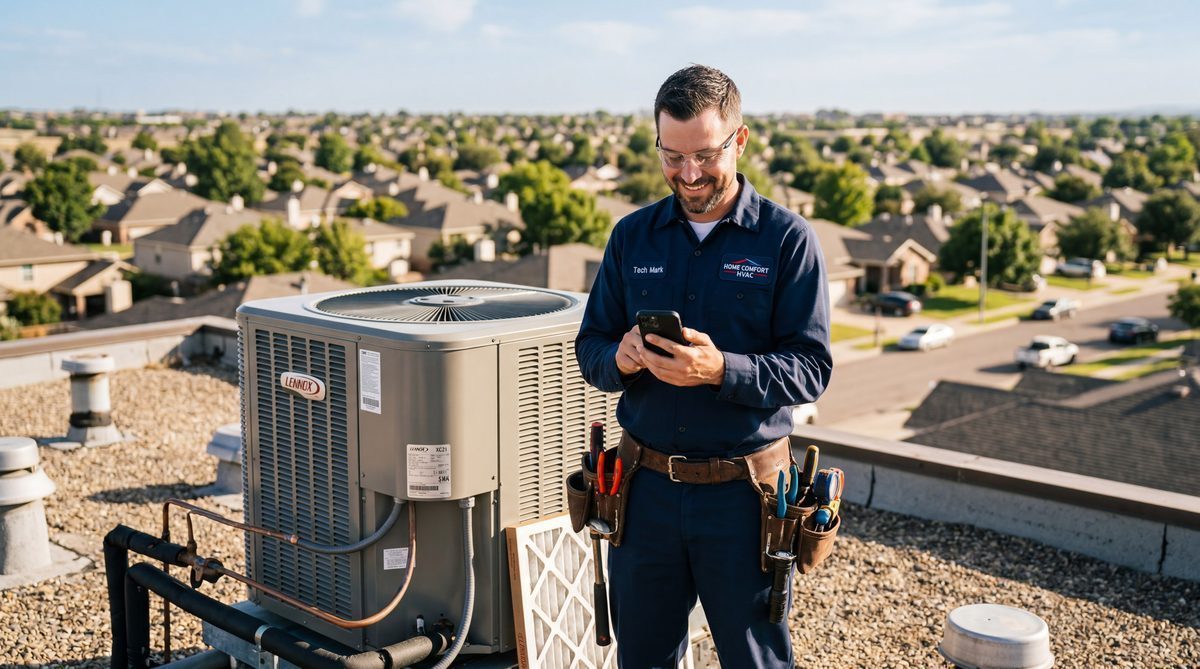 HVAC technician checking phone next to air conditioning unit