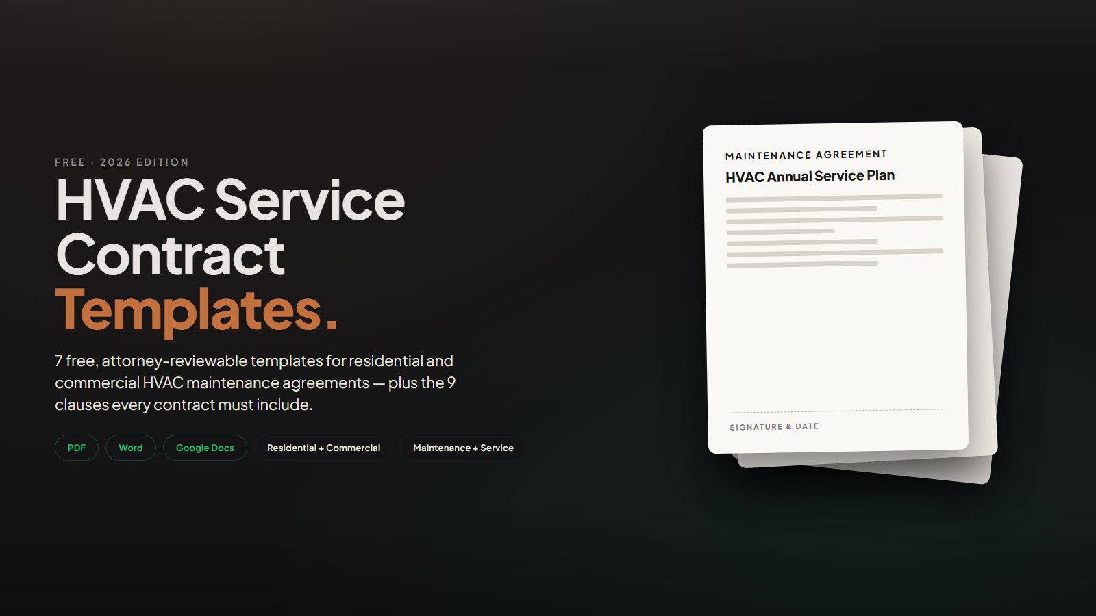 Designed brand graphic showing a stack of three HVAC service contract template documents on the right side, with the left side reading 'HVAC Service Contract Templates, Free, 2026 edition' and pills for PDF, Word, and Google Docs formats.