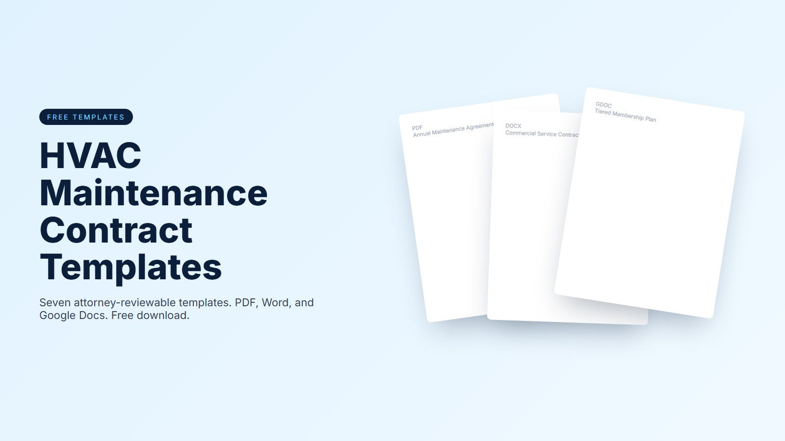 Designed brand graphic showing a stack of three HVAC service contract template documents on the right side, with the left side reading 'HVAC Service Contract Templates, Free, 2026 edition' and pills for PDF, Word, and Google Docs formats.