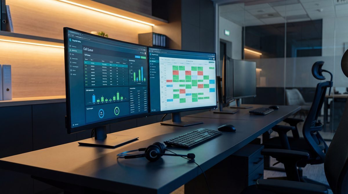 Modern HVAC dispatch office with AI call management system