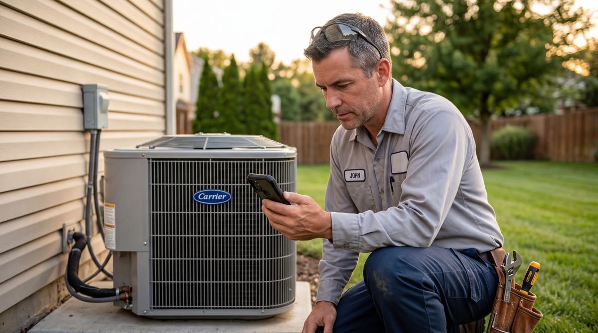 HVAC technician checking phone for new service leads