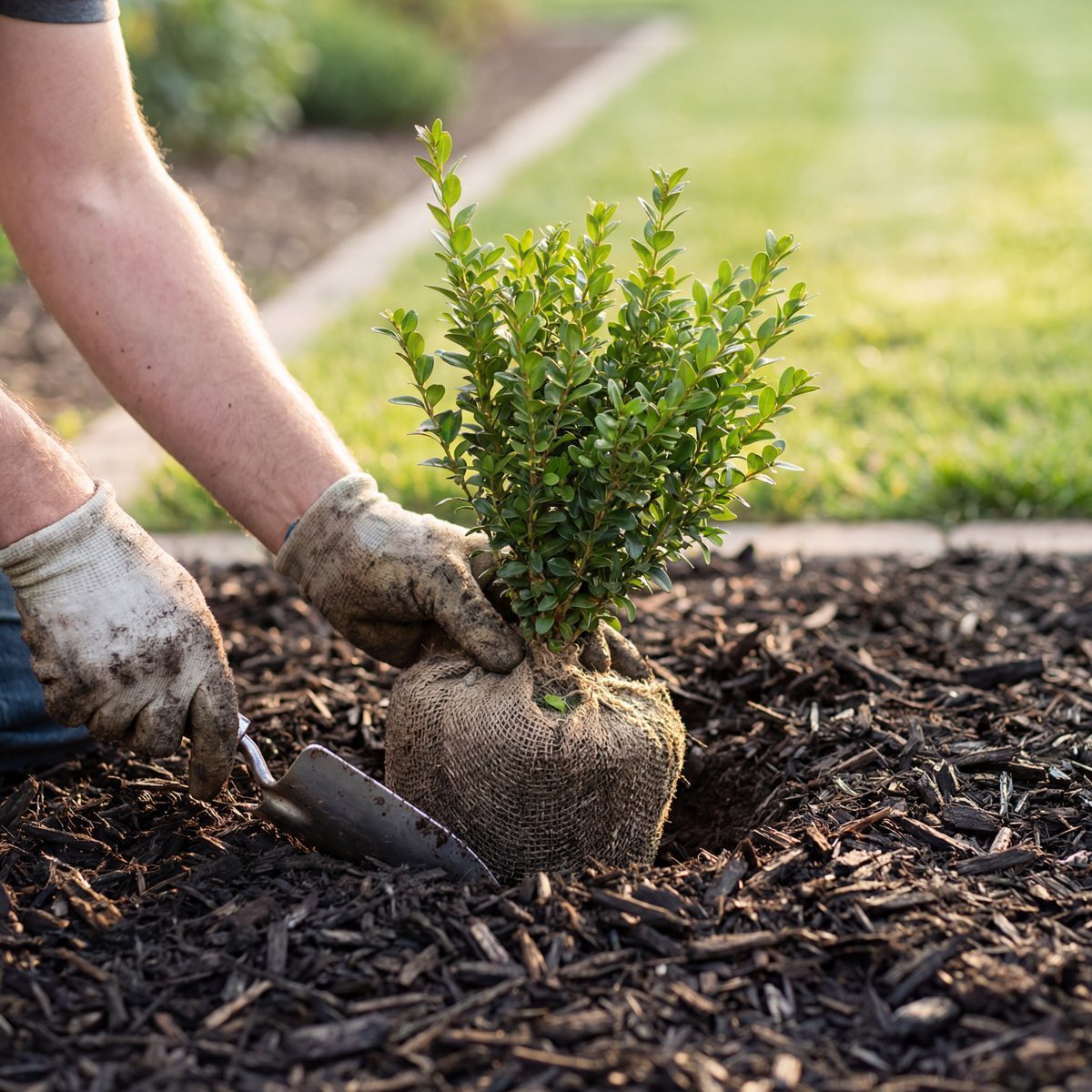 Landscaper planting shrub in mulch bed
