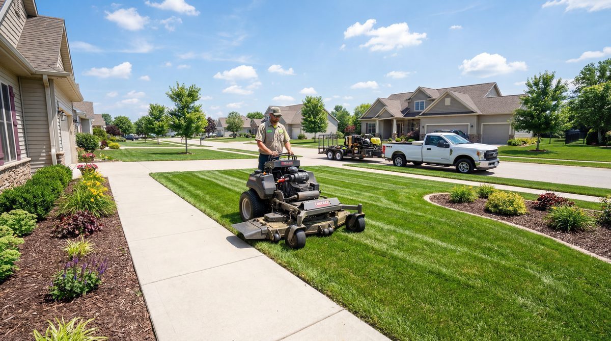 Landscaper operating commercial mower on freshly striped lawn