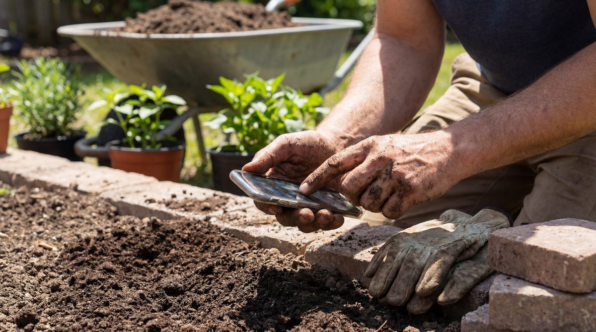 Landscaper struggling to answer phone while working in garden bed
