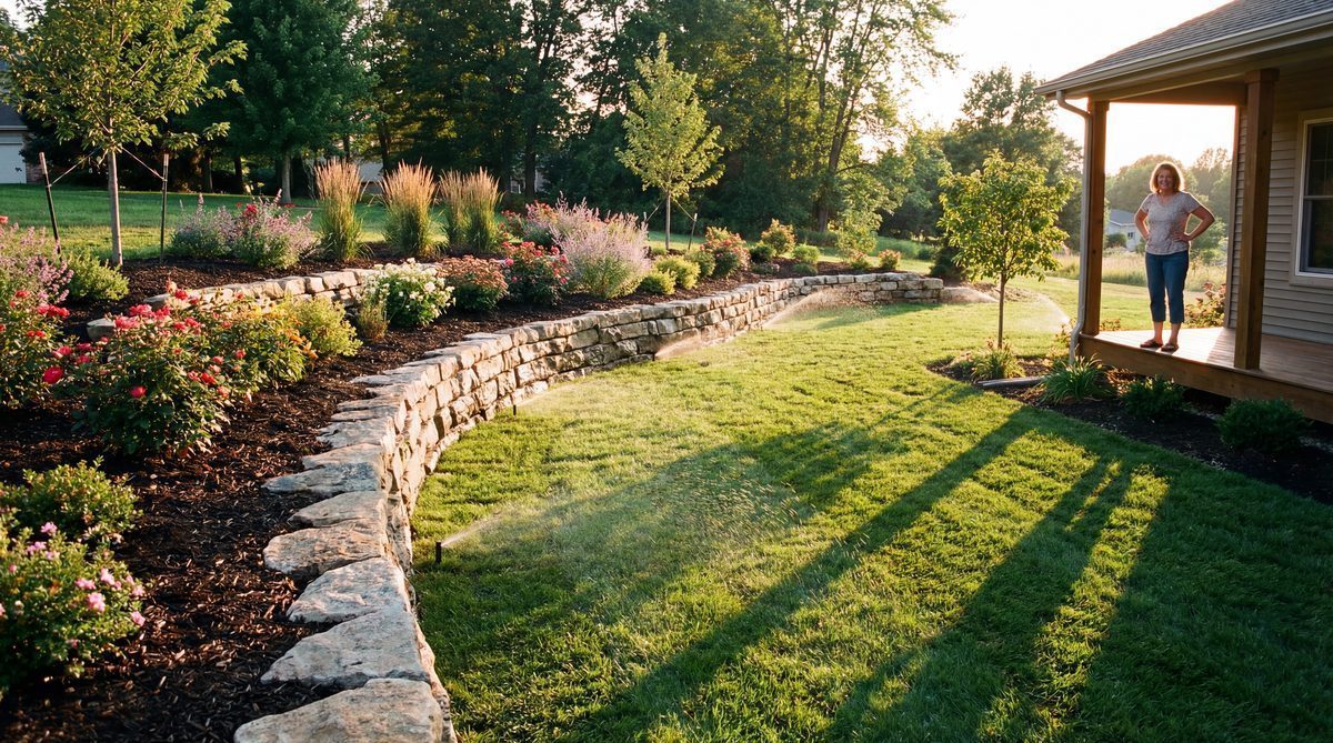 Completed landscape project with fresh sod and stone retaining wall