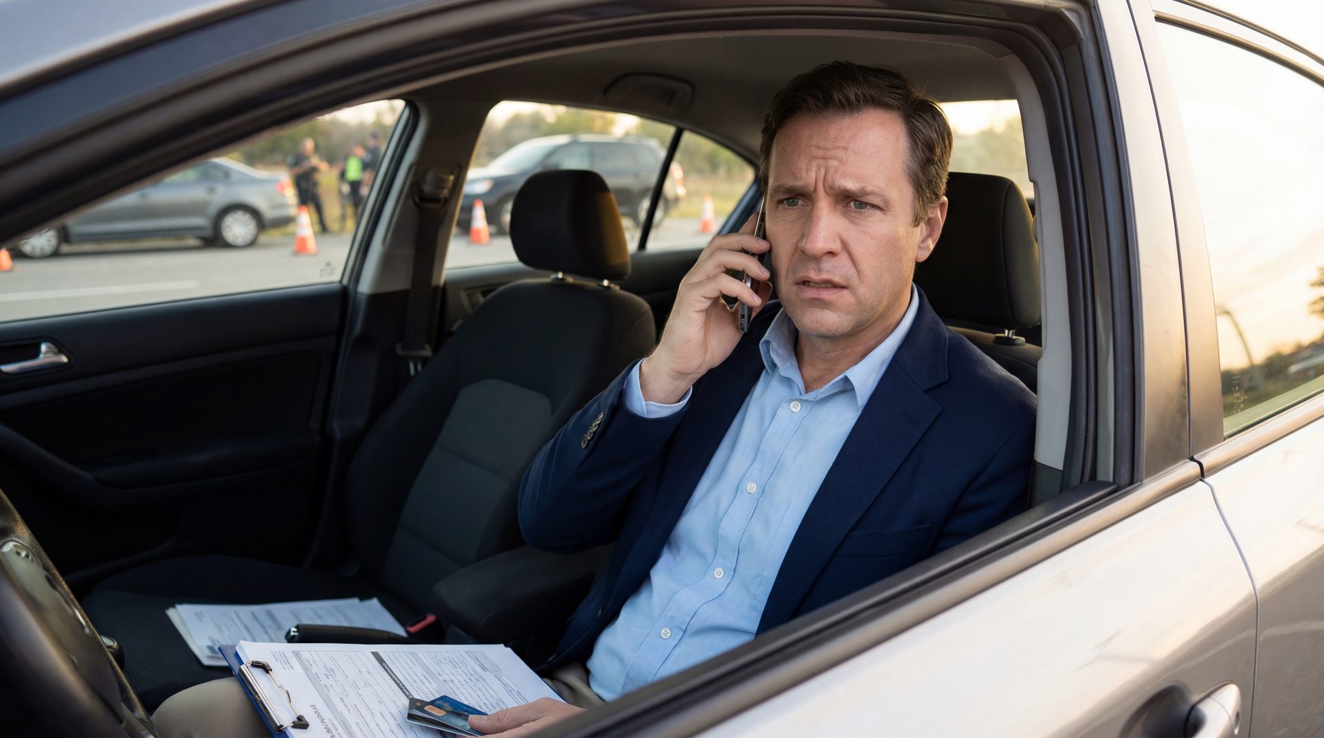 Person calling a law firm on their phone after a car accident