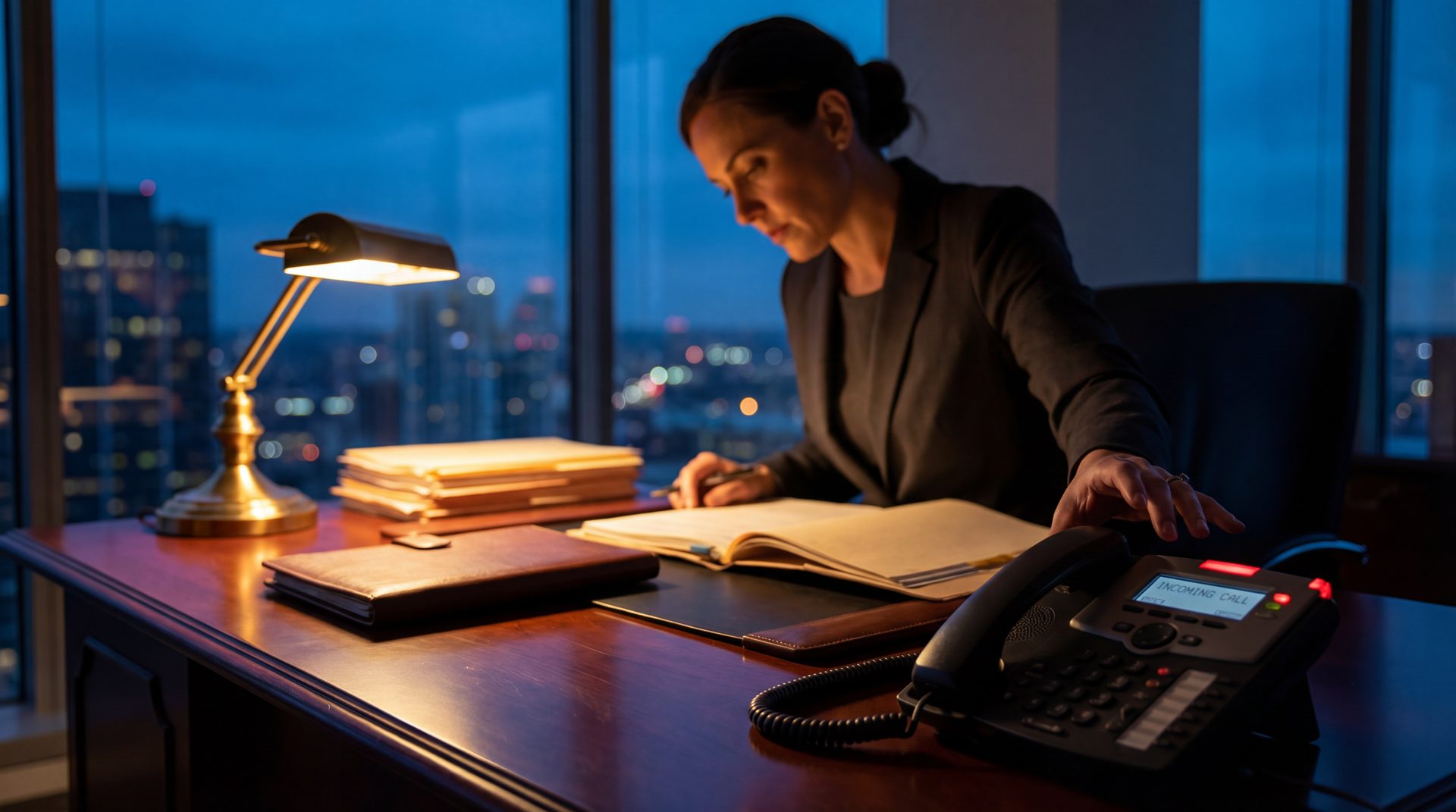 Law firm receptionist desk with phone ringing after hours