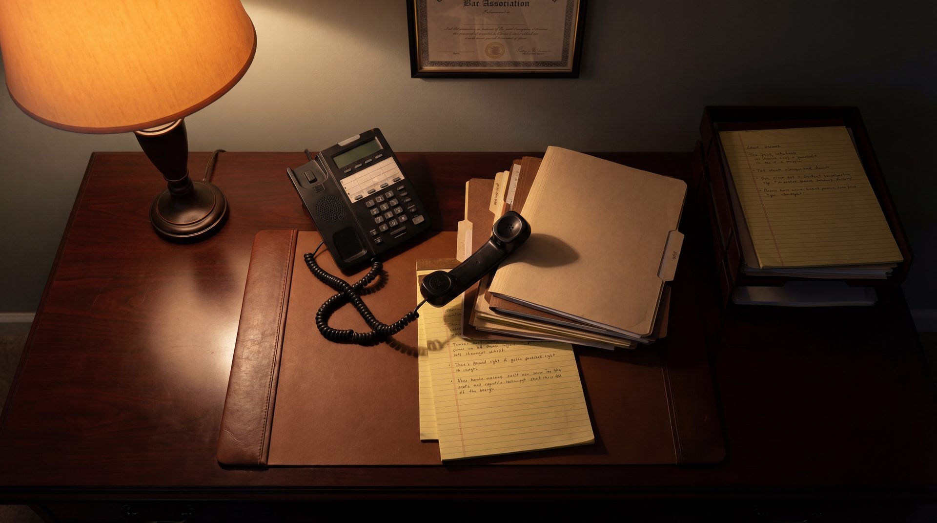 Stack of case files on a desk next to an unanswered phone