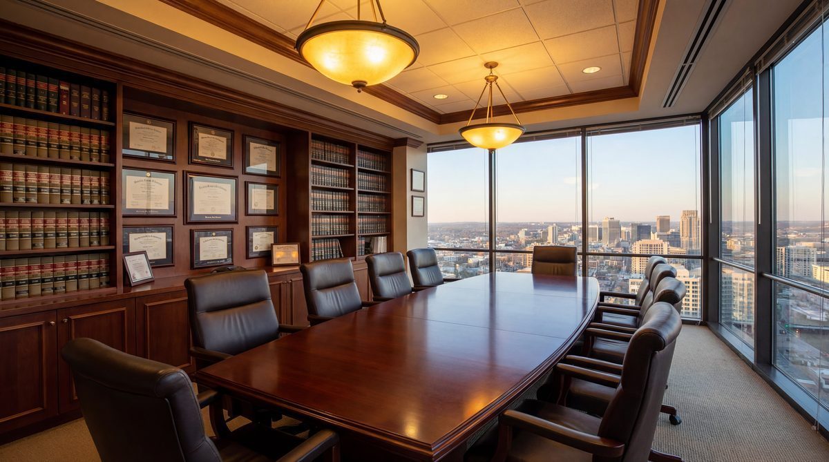 Elegant law office conference room with legal books and city view