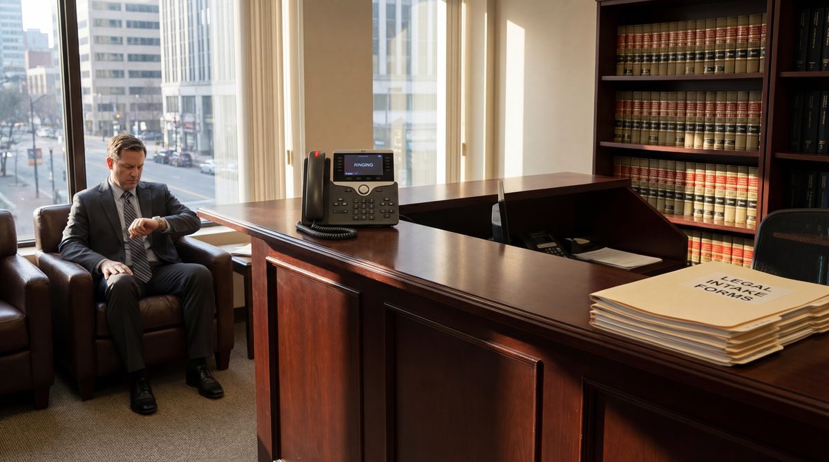 Law firm reception desk empty with client waiting in lobby