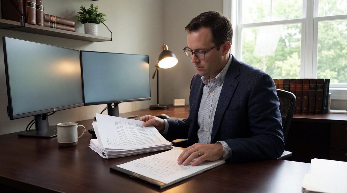 Attorney reviewing case documents at organized desk