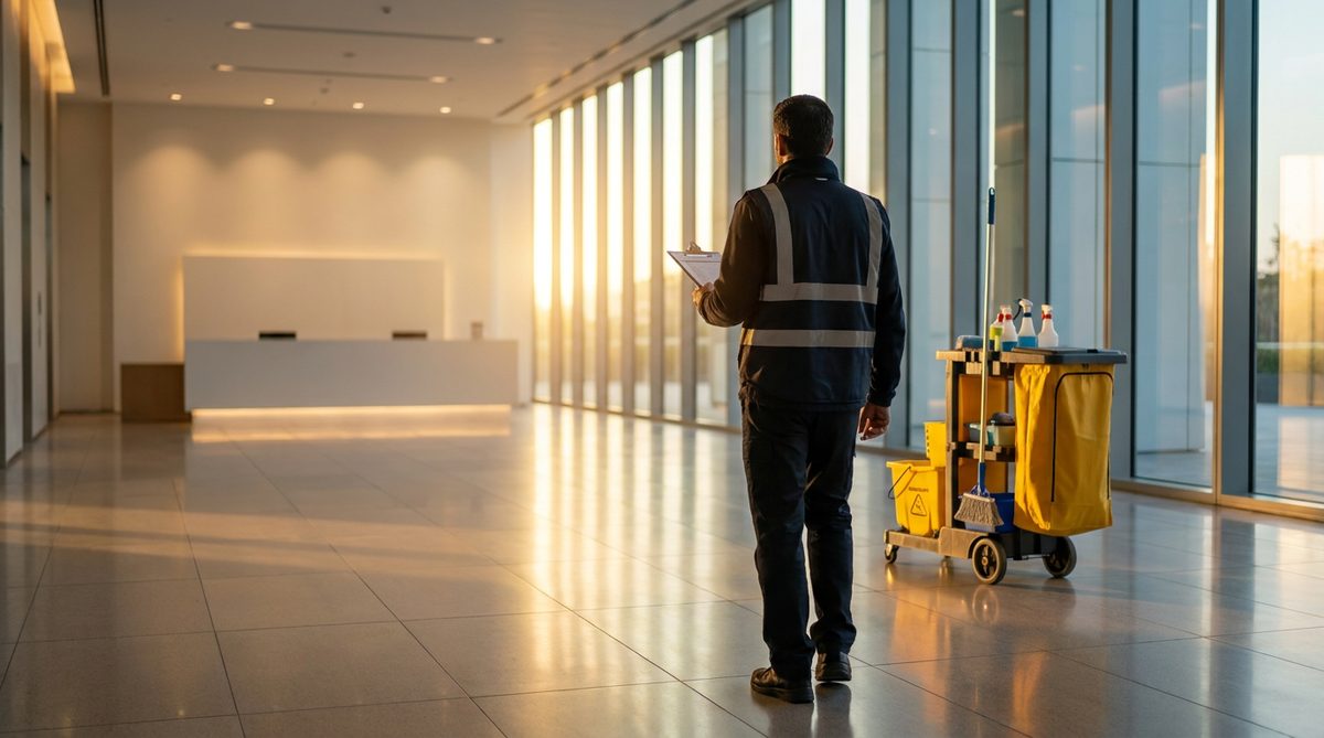 Commercial cleaning supervisor walking a freshly cleaned office lobby during an early morning walkthrough
