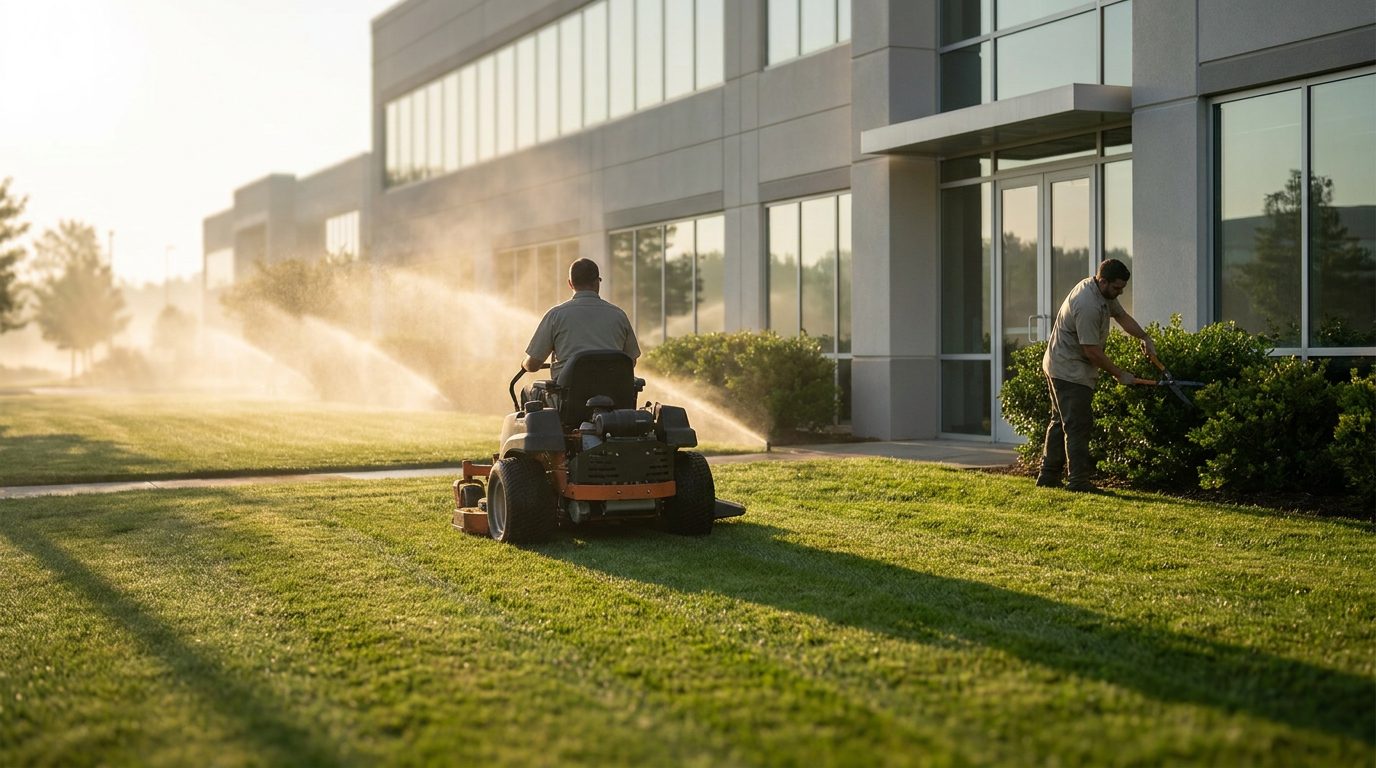 Commercial landscaping crew maintaining the grounds of an office park in early morning light