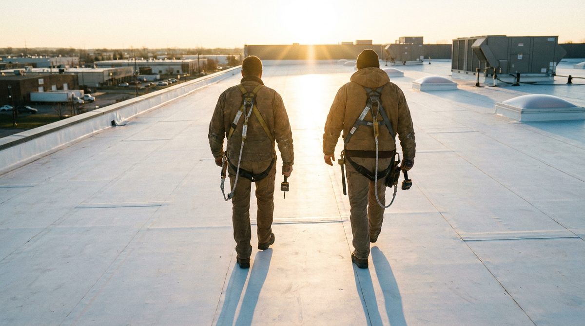 Two commercial roofing contractors seen from behind walking across a white TPO membrane roof on a warehouse at sunrise