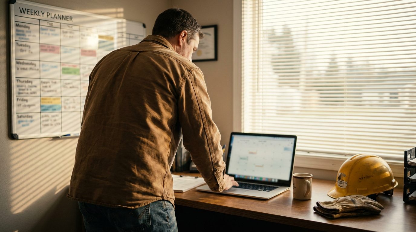 Commercial services business owner reviewing a week of booked sales meetings on a calendar in a morning-lit office