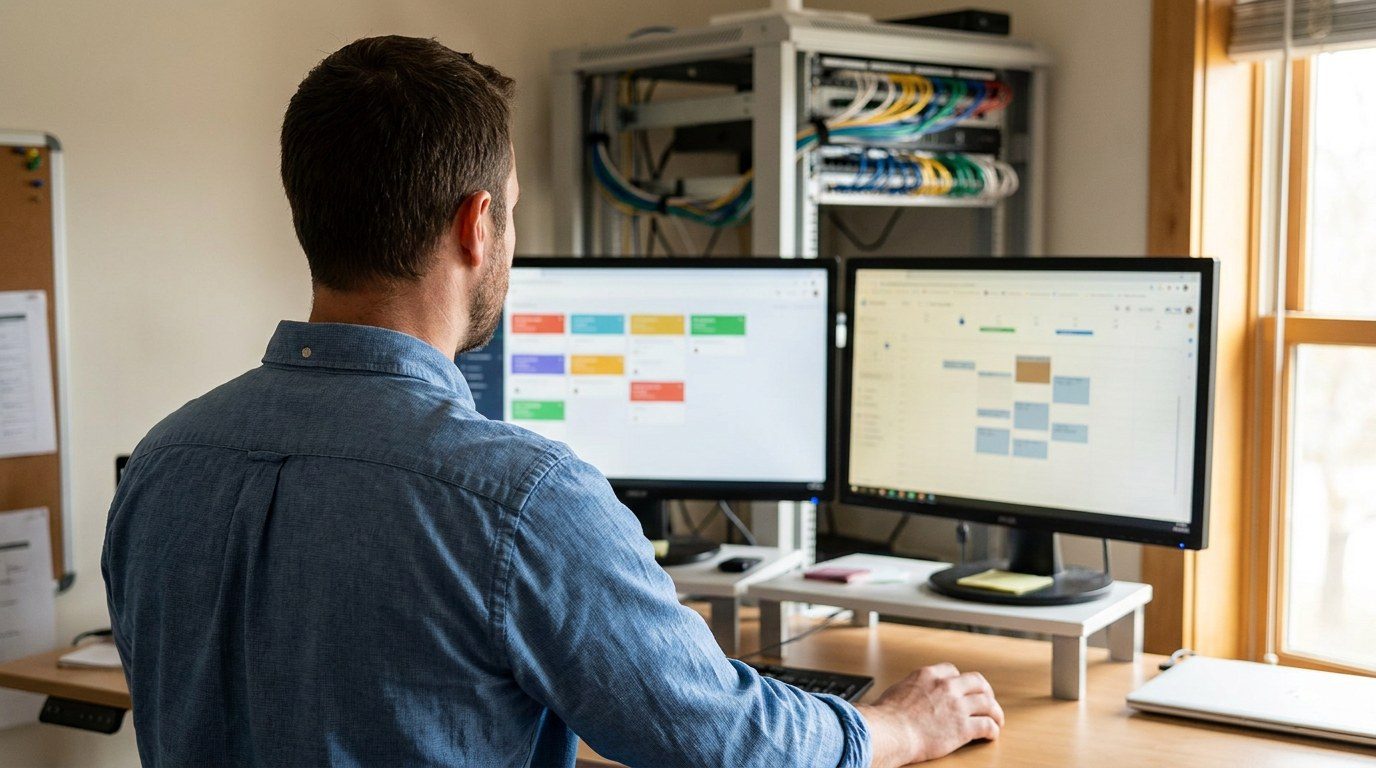 MSP owner at a standing desk reviewing a buying-signal feed and a calendar of booked sales meetings on dual monitors