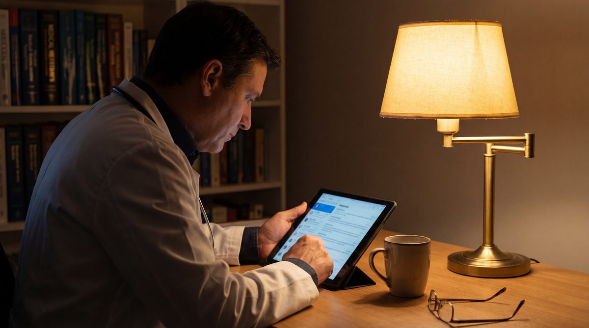 Doctor reviewing patient messages after hours on tablet