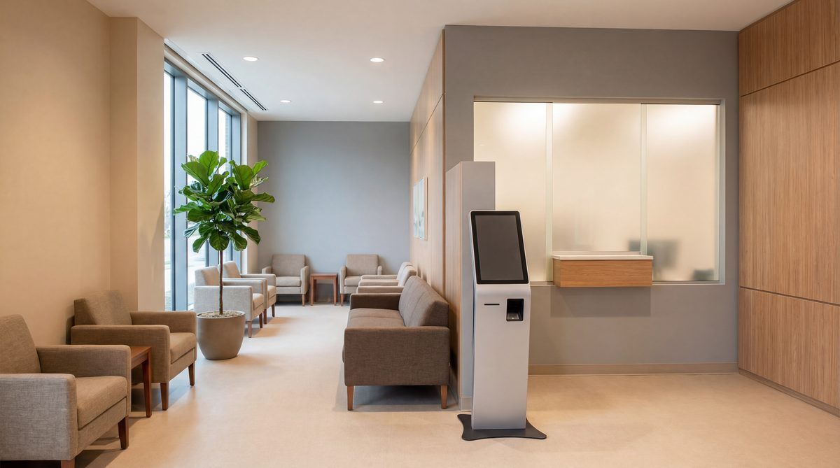 Modern medical office waiting room with check-in kiosk