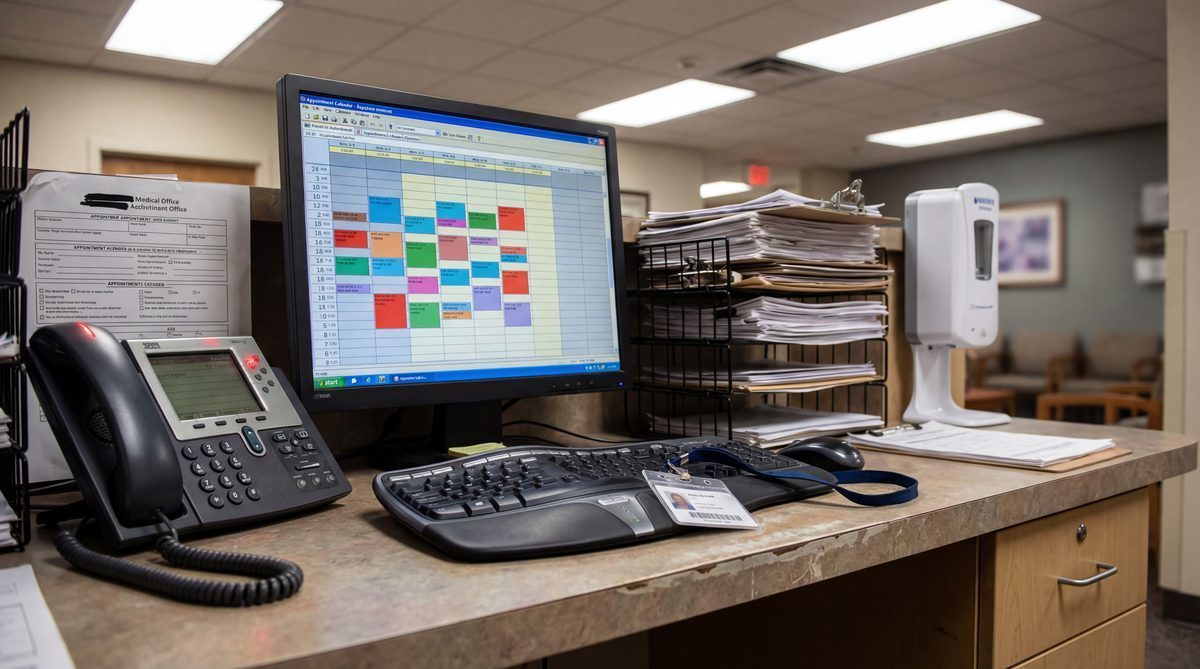 Medical office front desk overwhelmed with calls and patient forms