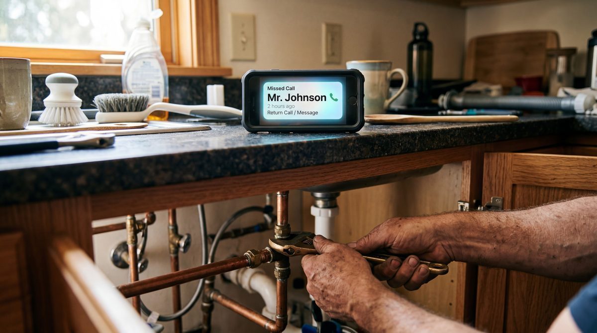 Missed call notification on smartphone while plumber works