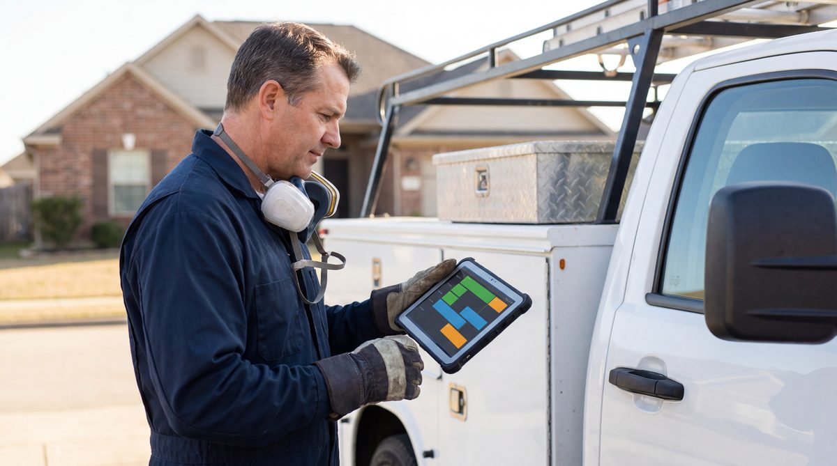Pest control technician in PPE next to service truck reviewing route schedule on a tablet