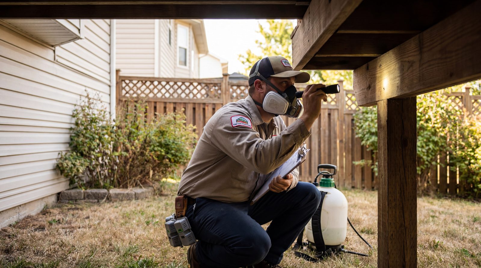Pest control technician in protective gear treating a property while their phone rings unanswered