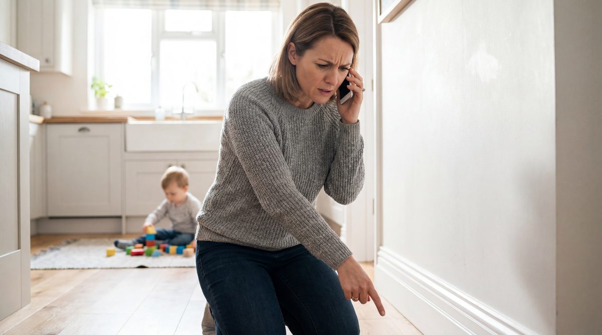 Worried mother in modern kitchen calling pest control while pointing at insect activity near baseboards