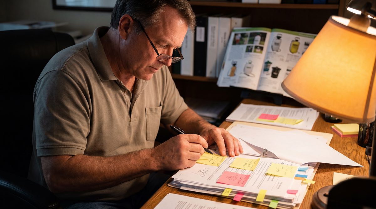 Pest control business owner reviewing a service evaluation checklist with sticky notes flagging key criteria