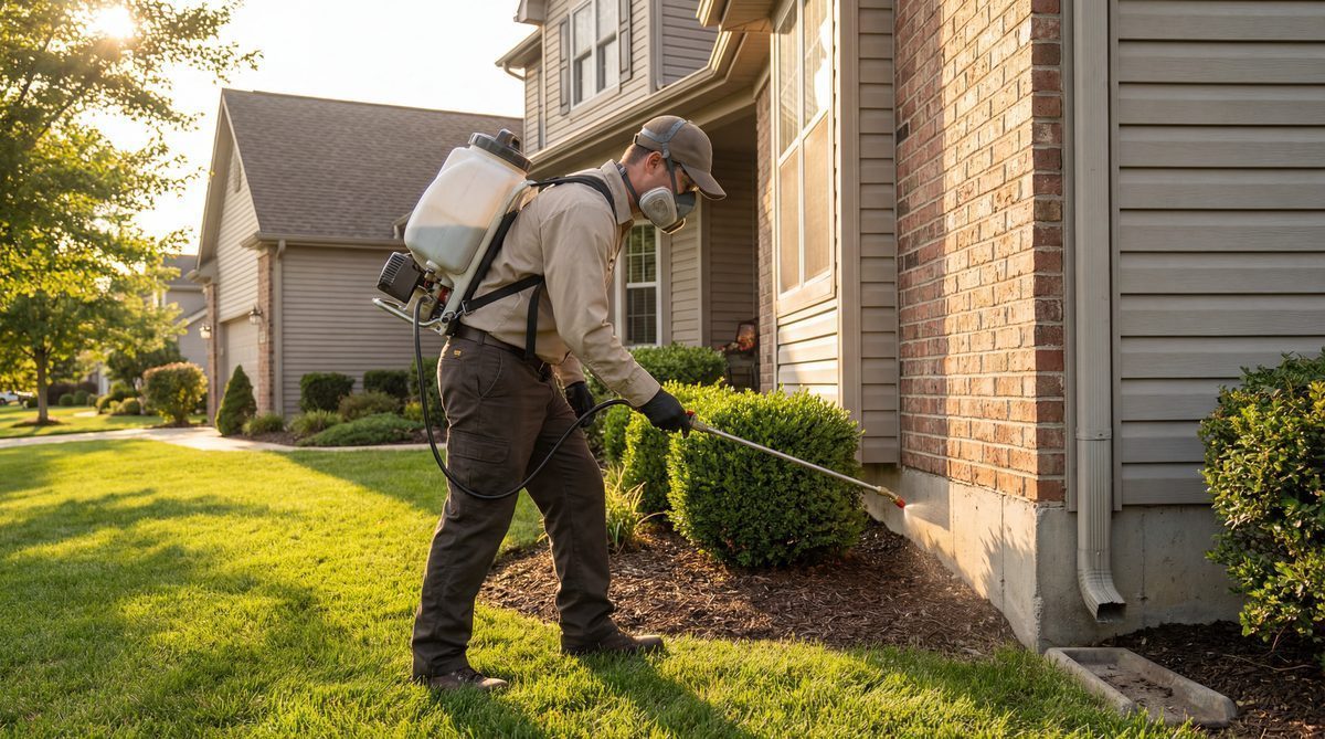 Pest control technician spraying foundation of suburban home
