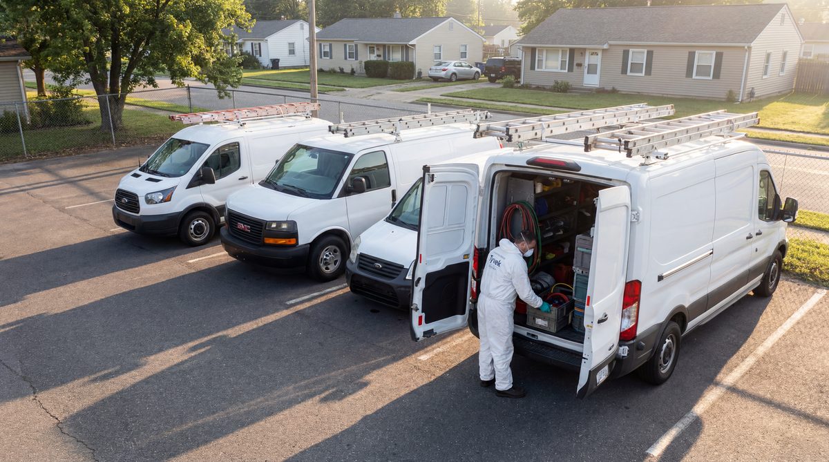 Pest control fleet of service vans staged at the yard for a high-margin job day