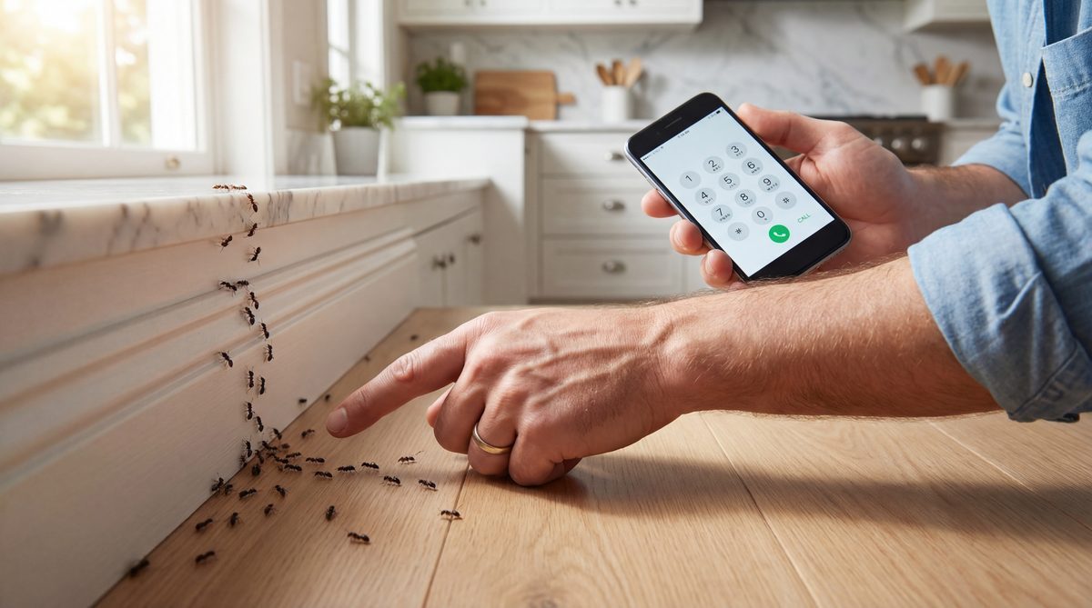 Homeowner discovering ant trail in kitchen calling for pest service