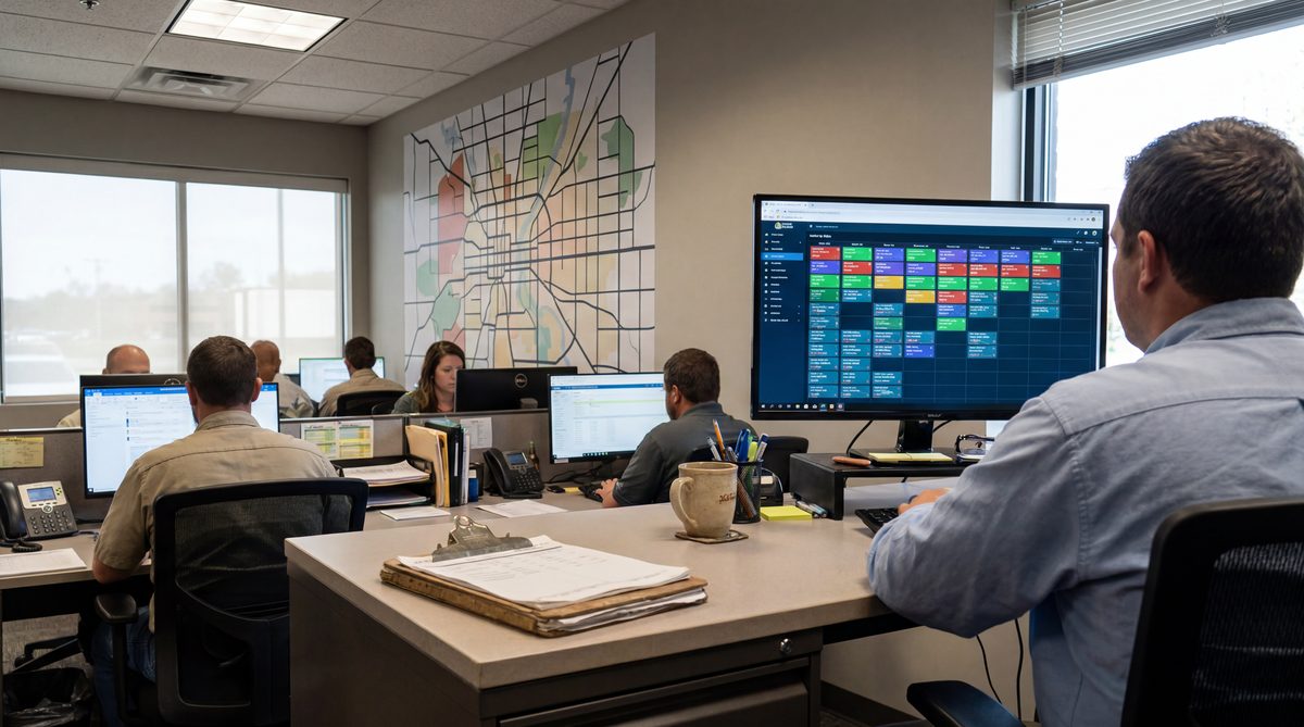 Pest control company office showing a wall route map and digital dispatch board with scheduled jobs