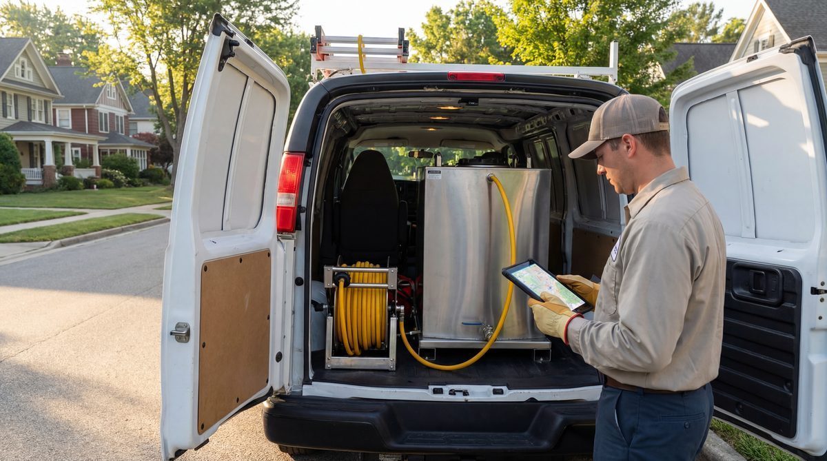 Pest control service van with organized equipment and route tablet