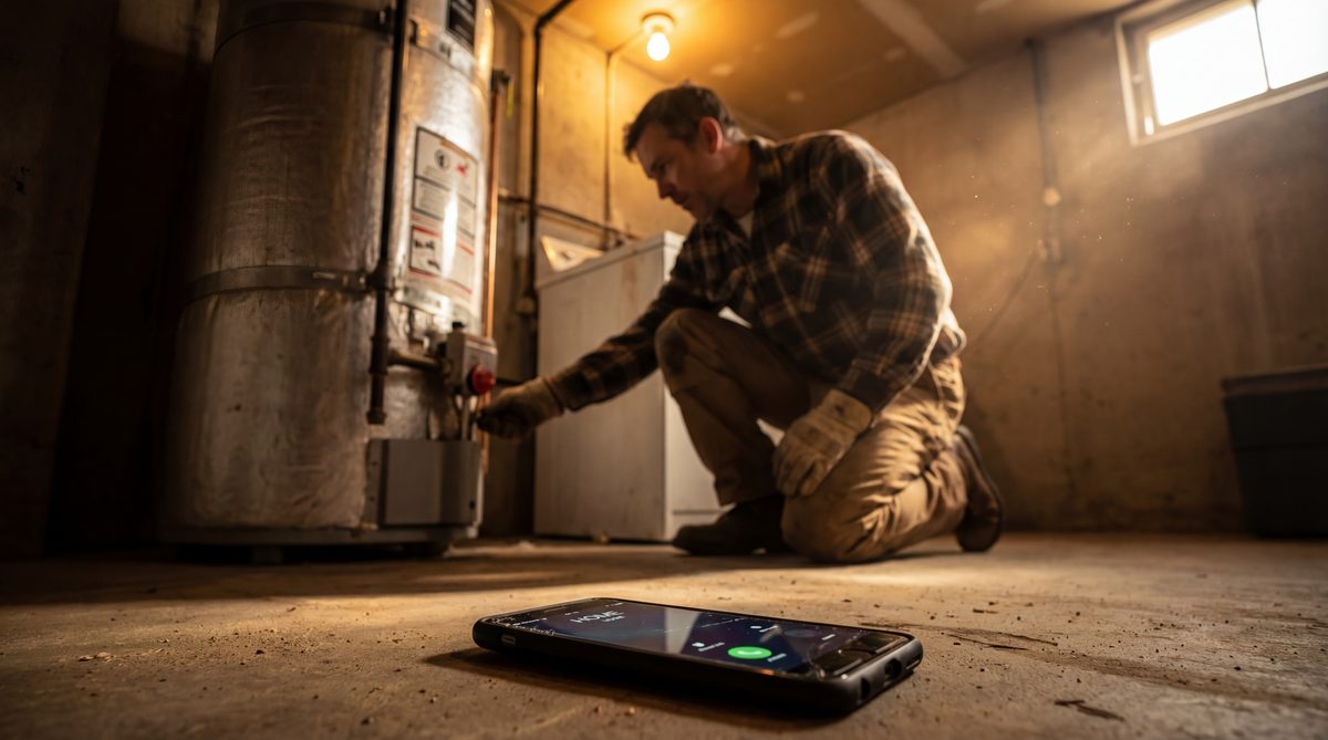 Single-truck plumber owner-operator working under a sink while phone rings on the floor next to him