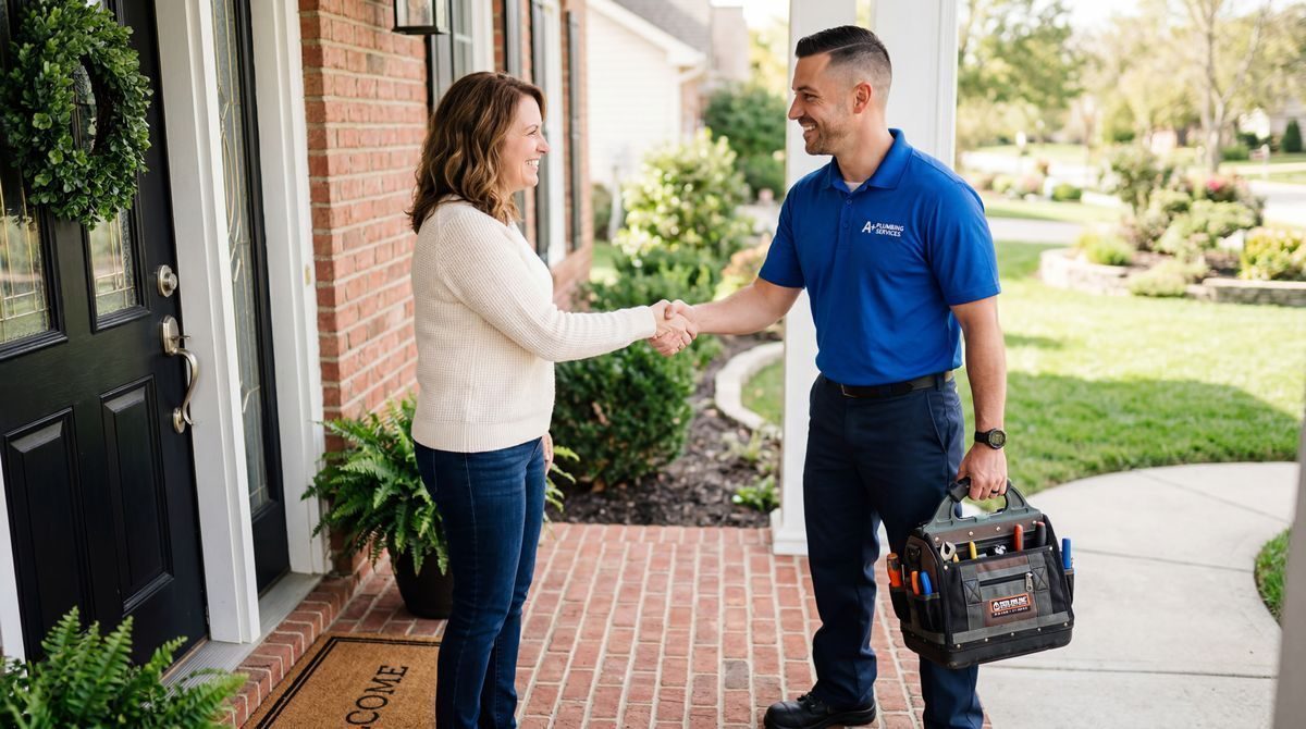 Plumber reviewing leads on tablet at job site