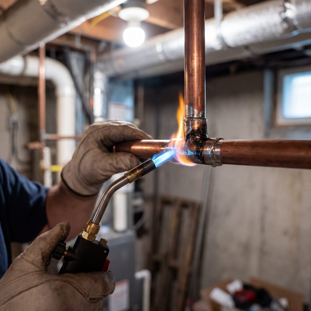 Plumber soldering copper pipe joint