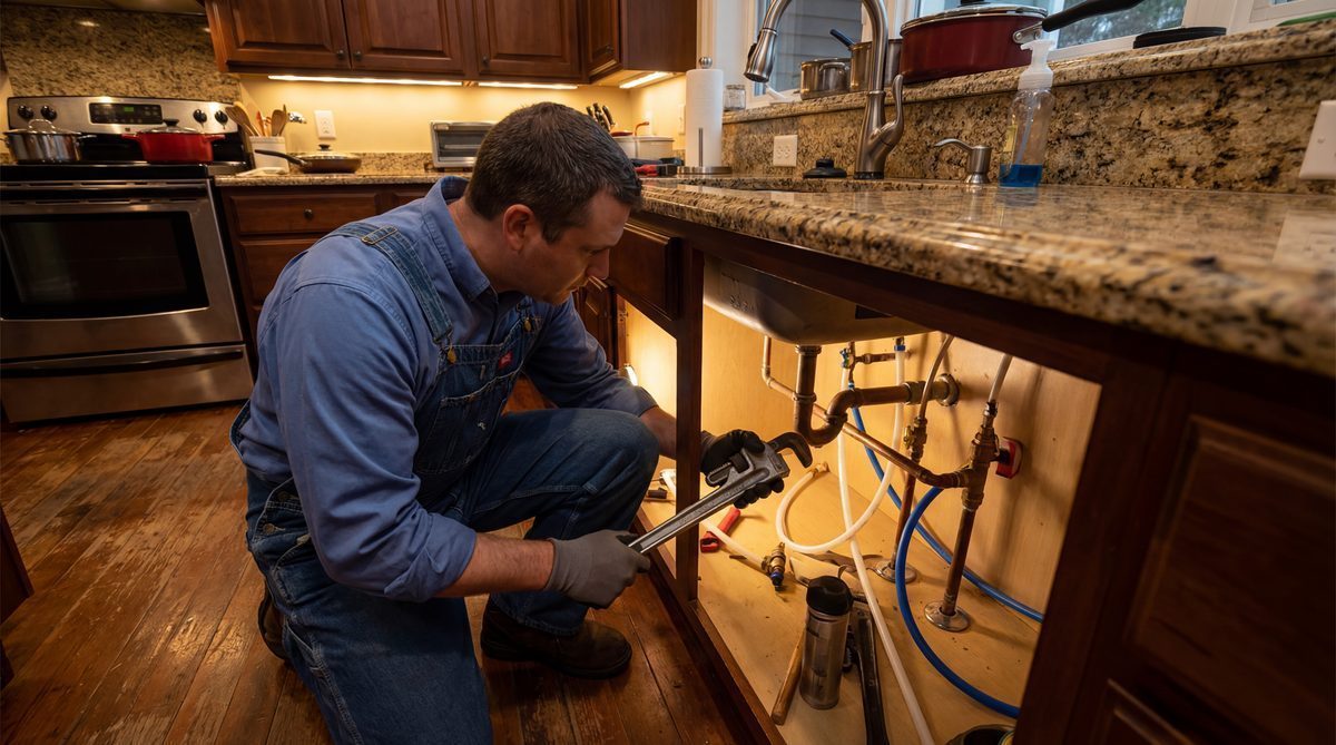 Plumber working under kitchen sink with pipe wrench and fittings