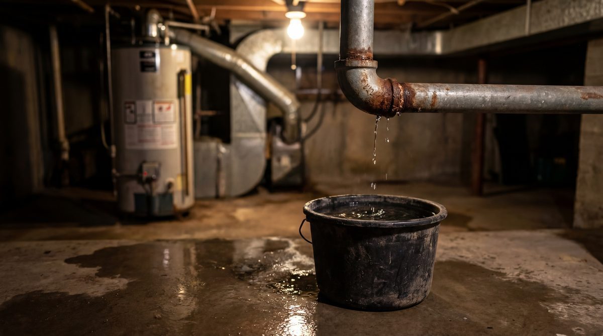 Burst pipe dripping in basement utility room