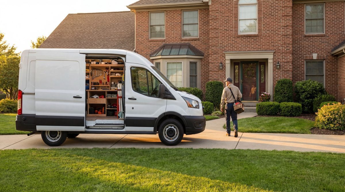 Plumbing service van with organized tools arriving at home