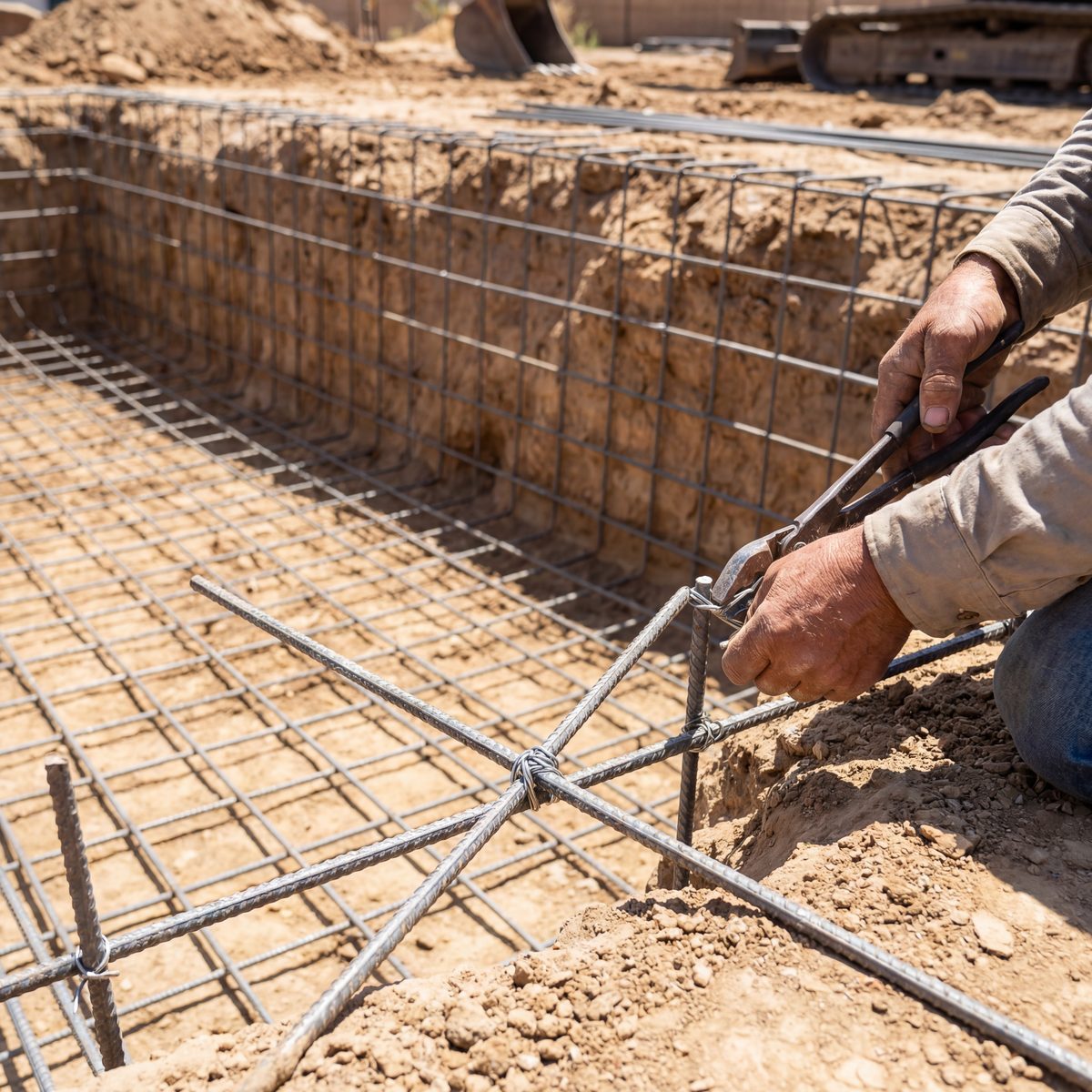 Pool builder working on gunite pool shell construction
