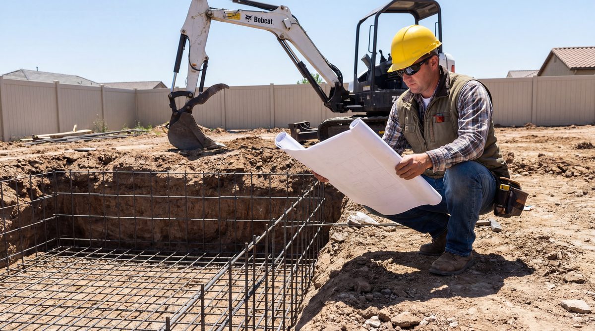 Pool builder reviewing construction plans at residential pool excavation site