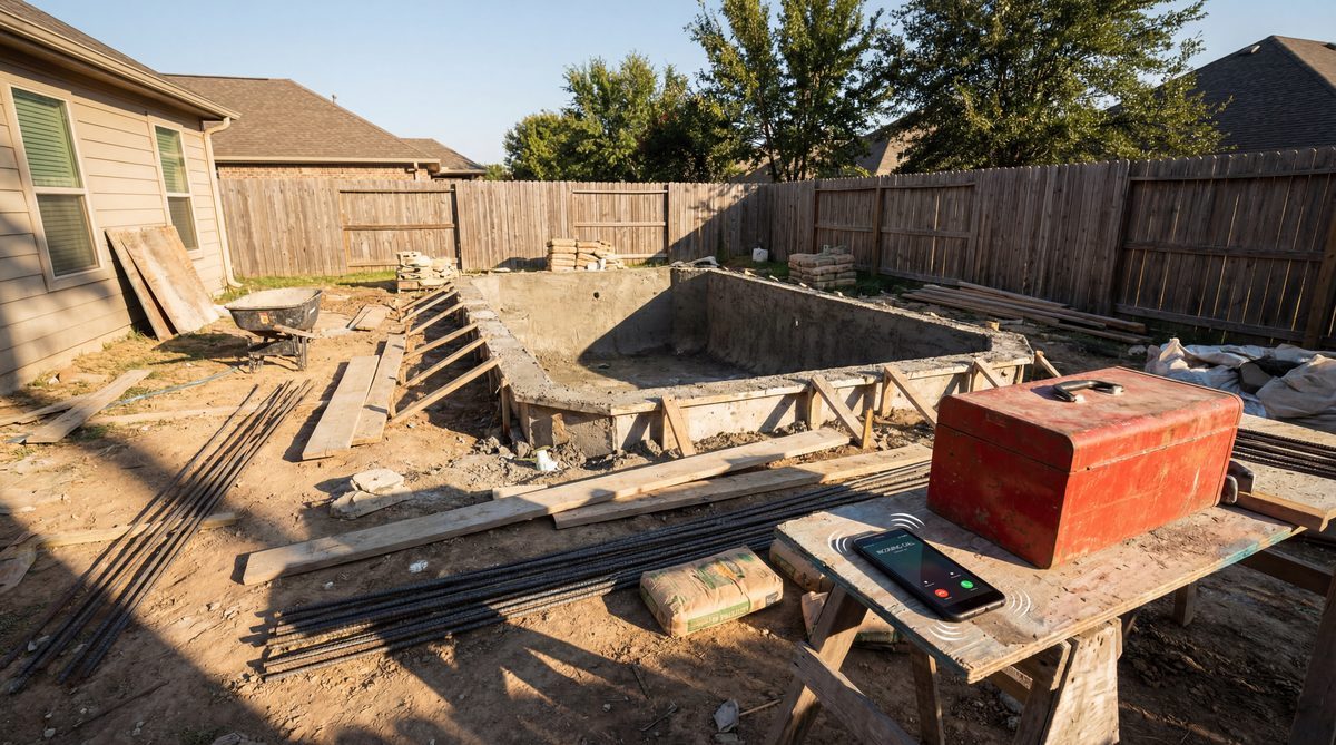 Phone ringing on pool construction site with no one to answer
