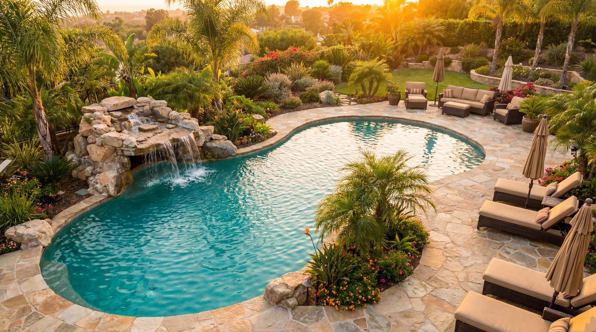 Pool builder reviewing AI-managed project pipeline on tablet at completed pool