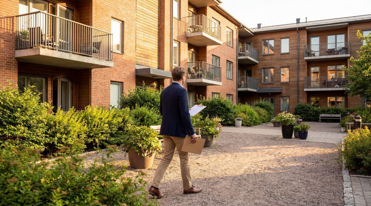 Property manager walking through well-maintained apartment complex
