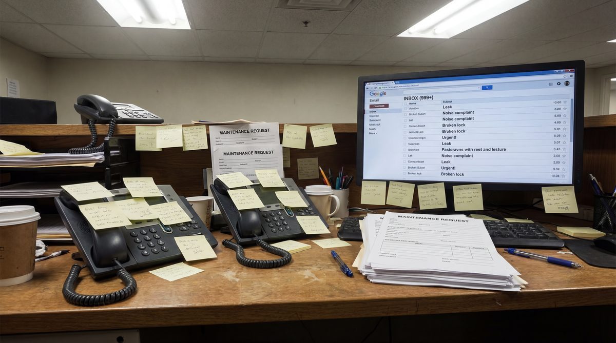 Property management desk overwhelmed with tenant maintenance requests